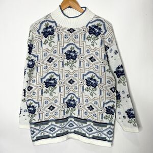 Vintage Just For Petites Grandmacore Sweater Floral White Blue Women's Petite L